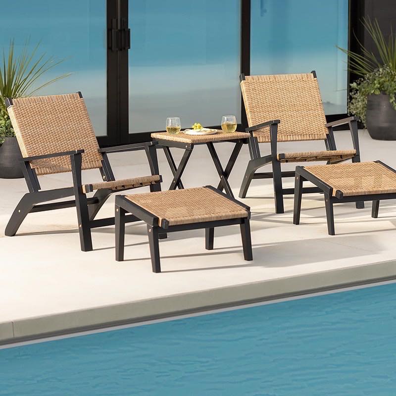 Eucalyptus Outdoor Furniture, Chair & Ottoman, 5-Piece Set - Black